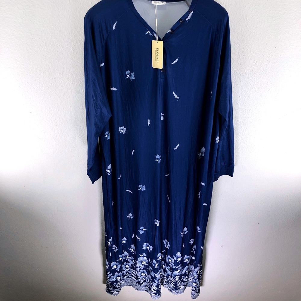 Ekouaer Women Navy Blue‎ Floral Feather Print Soft Nightgown Sleep Dress 4XL NEW